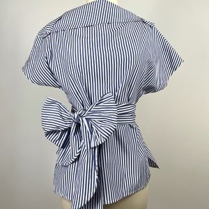 J.O.A. Blue Striped Origami-Neck Short-Sleeved Tie-Waist Top